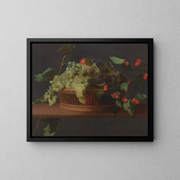 van een mandje met druiven en frambozen op een rand, olieverf op paneel - Jacob Foppens van Es — ingelijst kunstwerk aan de muur