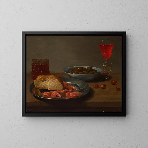 van een bord garnalen en een rol, een kom olijven, een Venetiaanse fazant, een glas bier en amandelen op een tafel - Jacob Foppens van Es — ingelijst kunstwerk aan de muur