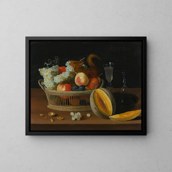 Natuurschilderij met een mand met fruit, een bril en een gesneden meloen op een tafel - Jacob Foppens van Es — ingelijst kunstwerk aan de muur