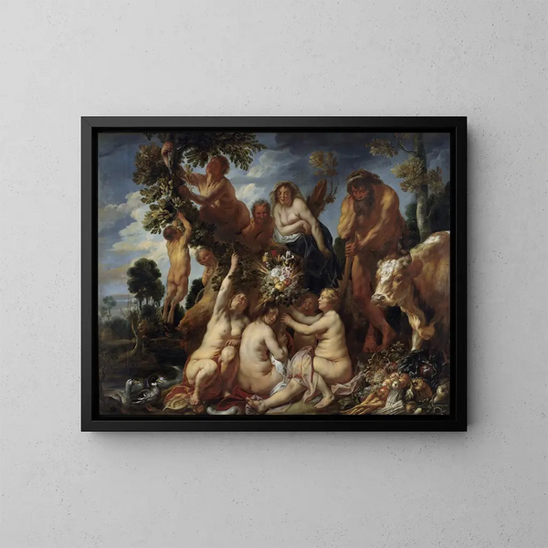 Achéloos verslagen door Hercules, de oorsprong van de hoorn des overvloeds, allegorie van vruchtbaarheid - Jacob Jordaens — ingelijst kunstwerk aan de muur