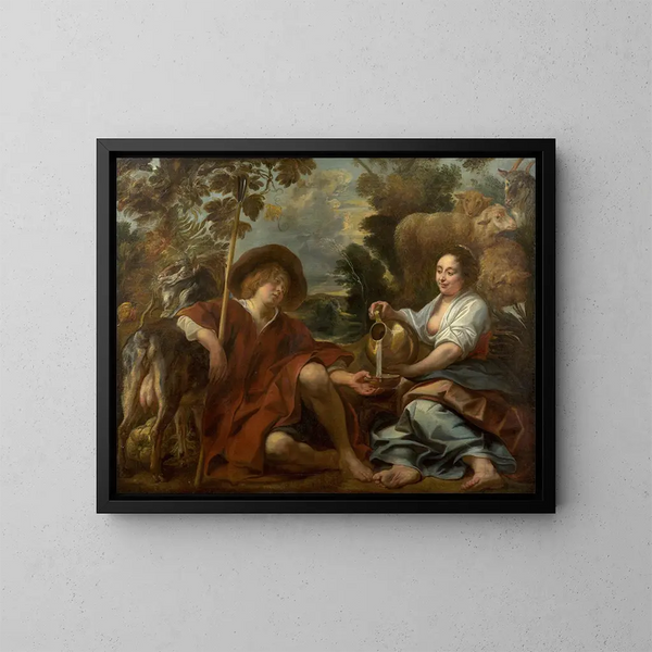 Bergère die melk giet aan een herder - Jacob Jordaens — ingelijst kunstwerk aan de muur