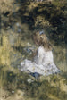 Een meisje met bloemen op het gras - Jacob Maris — weergave van het kunstwerk