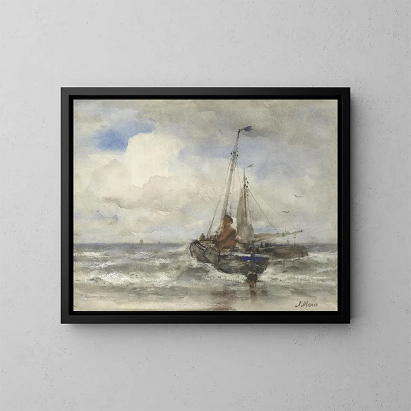 van twee vissersboten op het strand - Jacob Maris — ingelijst kunstwerk aan de muur
