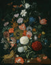 Natuurschilderij van bloemen in een vaas op een stenen rand met een maïskolf en een slak - Jacob Rootius — weergave van het kunstwerk