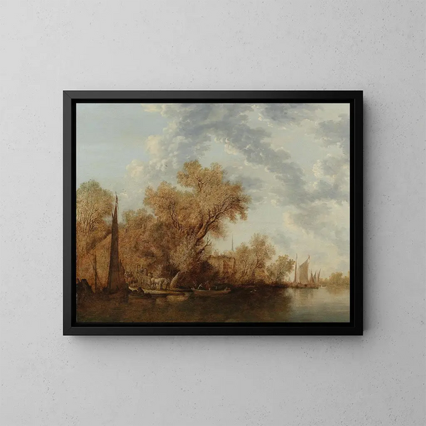Een rivierlandschap met boten - Jacob Salomonsz van Ruysdael — ingelijst kunstwerk aan de muur