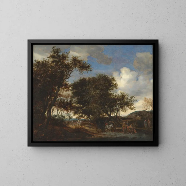 Landschap met reizigers die hun paarden water geven - Jacob Salomonsz van Ruysdael — ingelijst kunstwerk aan de muur