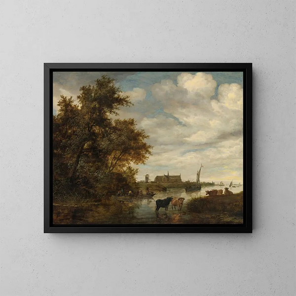 Landschapschilderij met rivier en vissers, en vee, met de Grote Kerk van Alkmaar op de achtergrond - Jacob Salomonsz van Ruysdael — ingelijst kunstwerk aan de muur