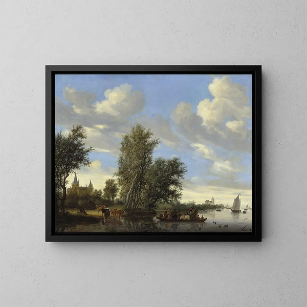 Landschap met rivier en boot - Jacob Salomonsz van Ruysdael — ingelijst kunstwerk aan de muur