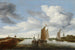 Landschapschilderij met rivier, zeilboten en een schuit getrokken door paarden - Jacob Salomonsz van Ruysdael — weergave van het kunstwerk