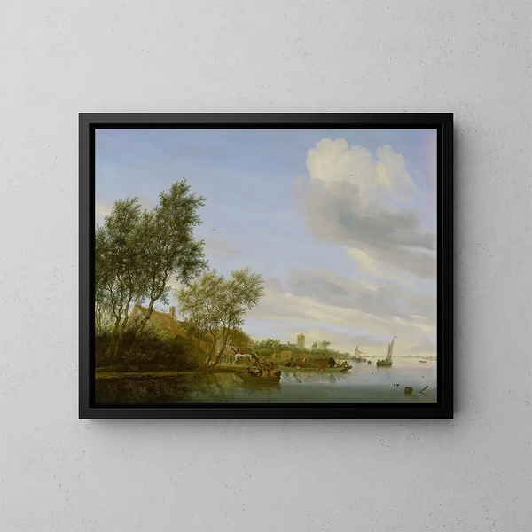 Landschap met rivier en een boot - Jacob Salomonsz van Ruysdael — ingelijst kunstwerk aan de muur