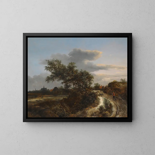 Een duinlandschap met een boer op een zandweg en een ver uitzicht op Haarlem - Jacob van Ruisdael — ingelijst kunstwerk aan de muur