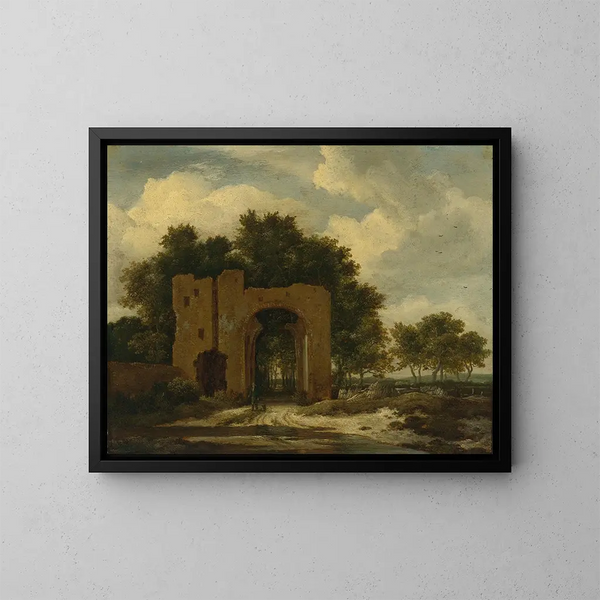 van een vervallen kasteelpoort, mogelijk de boog van Huis Ter Kleef - Jacob van Ruisdael — ingelijst kunstwerk aan de muur