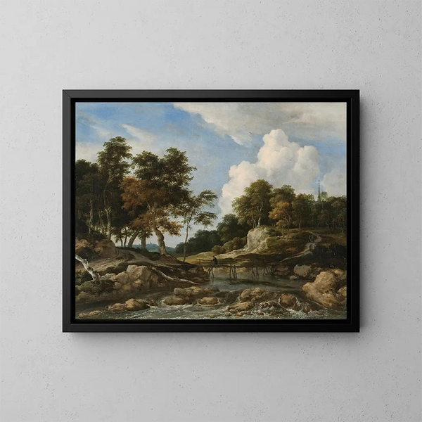 Een bosrijk rivierlandschap met een brug en een kerk op de achtergrond - Jacob van Ruisdael — ingelijst kunstwerk aan de muur