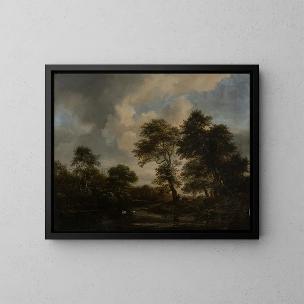 Lac bosrijk met twee zwanen - Jacob van Ruisdael — ingelijst kunstwerk aan de muur