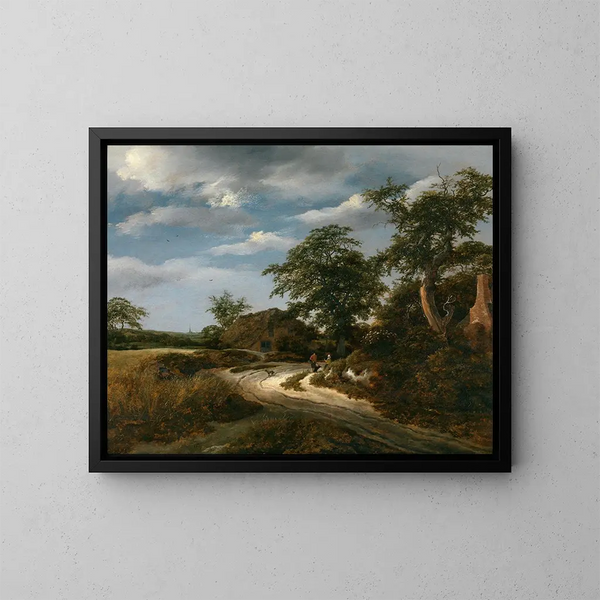 Landschap met een kerk - Jacob van Ruisdael — ingelijst kunstwerk aan de muur