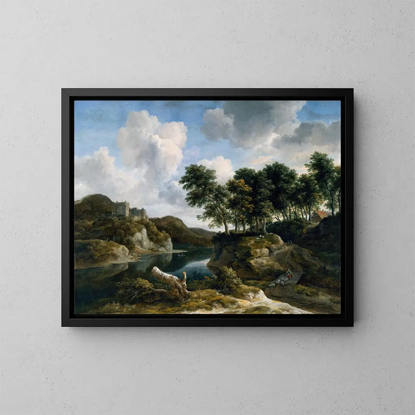 Landschapschilderij met rivier en kasteel op een hoge klif - Jacob van Ruisdael — ingelijst kunstwerk aan de muur