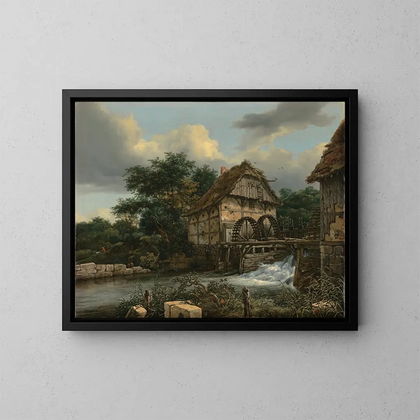 van Twee watermolens en een open sluis - Jacob van Ruisdael — ingelijst kunstwerk aan de muur