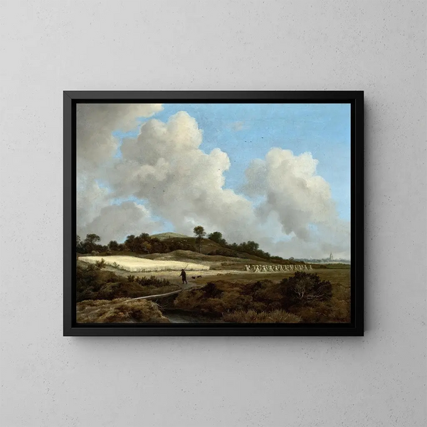 van een weide met graanvelden en een stad op de achtergrond - Jacob van Ruisdael — ingelijst kunstwerk aan de muur