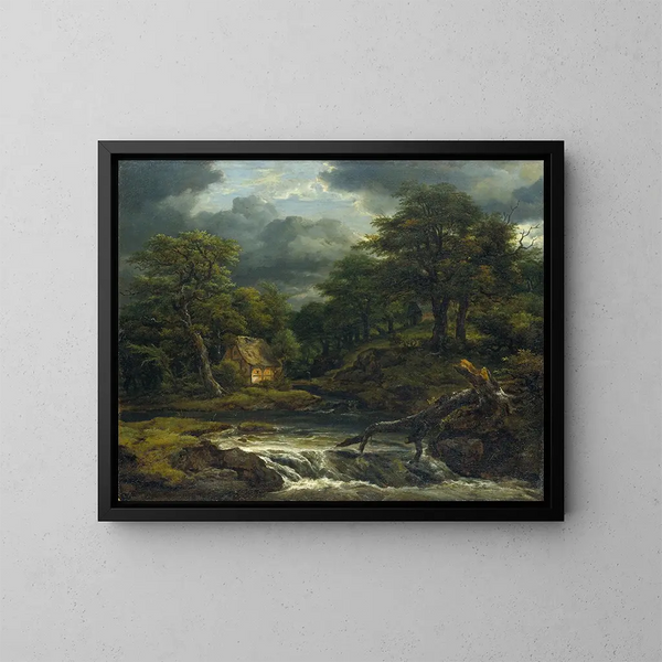 Landschap met waterval en naderend onweer - Jacob van Ruisdael — ingelijst kunstwerk aan de muur