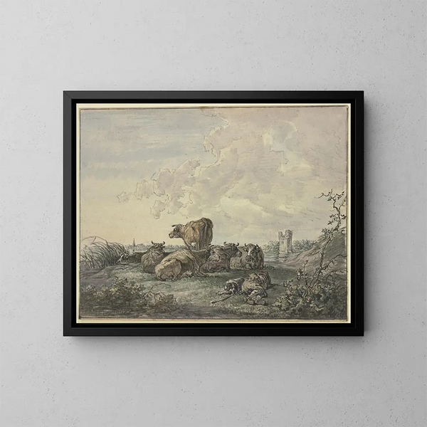 Zittende herder en kudde vee in een landschap - Jacob van Strij — ingelijst kunstwerk aan de muur