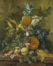 van een ananas, pruimen, druiven en andere vruchten met maïs op een marmeren rand - Jacobus Linthorst — weergave van het kunstwerk