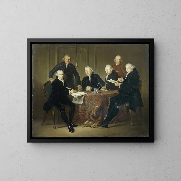 De Vier Regentessen, de secretaris en de vader van het huis der melaatsen in Amsterdam 1773 - Jacobus Luberti Augustini — ingelijst kunstwerk aan de muur
