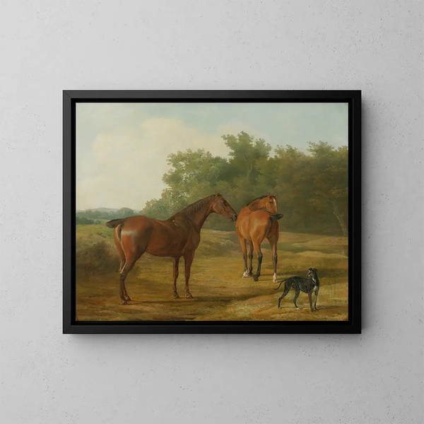 Twee paarden en een windhond in een landschap - Jacques-Laurent Agasse — ingelijst kunstwerk aan de muur