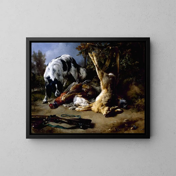 van een spaniel met een stilleven van gedode wild - Jacques-Raymond Brascassat — ingelijst kunstwerk aan de muur