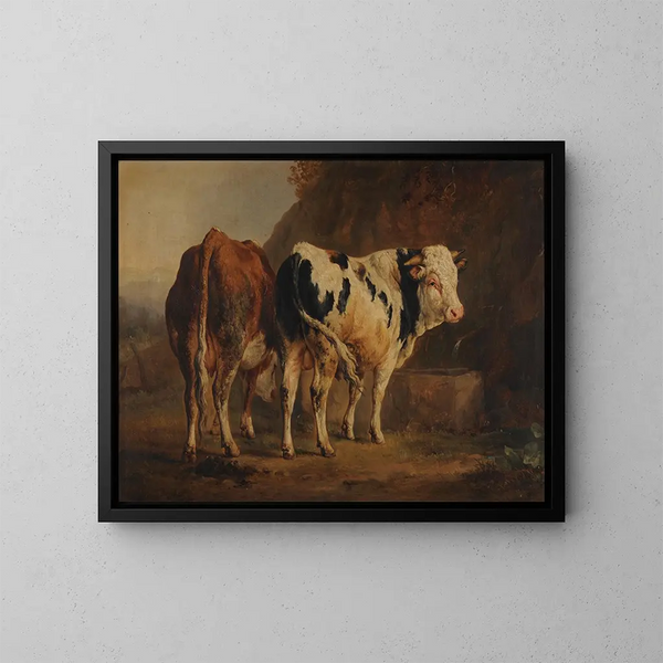 van een stier met een witte en zwarte vacht en een koe met een bruine vacht - Jacques-Raymond Brascassat — ingelijst kunstwerk aan de muur
