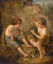 van Twee jongens die kaarten spelen, bekeken door een leraar achter de stenen muur - Jacques Alfred van Muyden — weergave van het kunstwerk