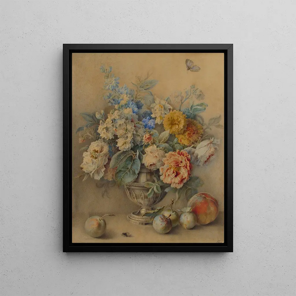 Jacques Andr Portail - Flowers in a Silver Caster Fruit in the Foreground.webp