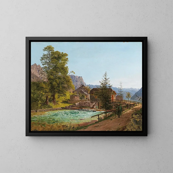 van de wandelaar in het Salzkammergut aan het meer van Grundlsee met de Traun-rivier op de achtergrond links de Backenstein - Jakob Alt — ingelijst kunstwerk aan de muur