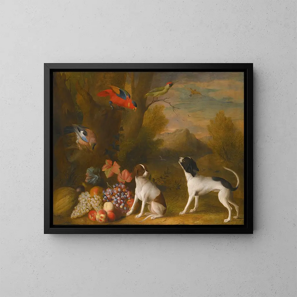 Landschap met exotische vogels en twee honden - Jakob Bogdány — ingelijst kunstwerk aan de muur