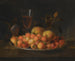 Natuurschilderij met aardbeien, kersen en perziken op een zilveren schaal - Jakob Bogdány — weergave van het kunstwerk