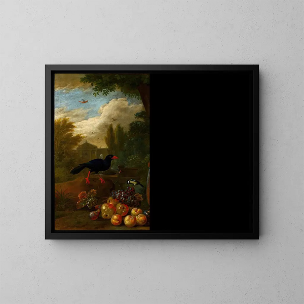 Twee ara's, een kaketoe en een ekster met fruit - Jakob Bogdány — ingelijst kunstwerk aan de muur