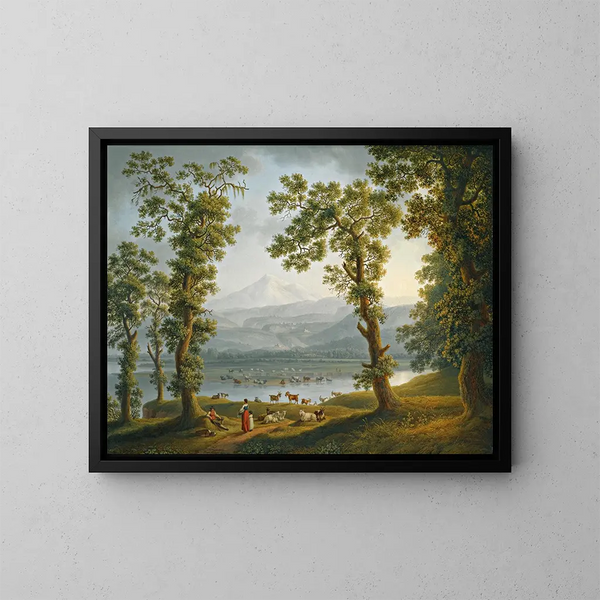 Uitzicht door de rivier de Volturno richting Alife, Piedimonte Matese en de bergen van het Matese die oprijzen daarachter - Jakob Philipp Hackert — ingelijst kunstwerk aan de muur