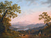 Een uitzicht langs de riviervallei van de Tiber richting Poggio Mirteto en voorbij de Sabijnse bergen verlicht door de avondzon - Jakob Philipp Hackert — weergave van het kunstwerk