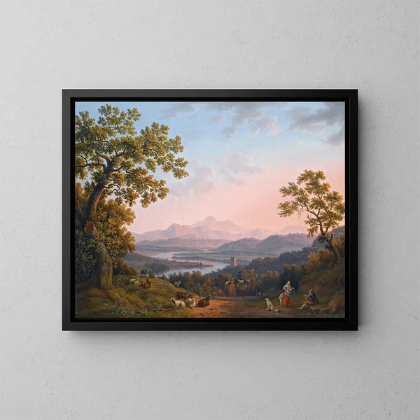 Een uitzicht langs de riviervallei van de Tiber richting Poggio Mirteto en voorbij de Sabijnse bergen verlicht door de avondzon - Jakob Philipp Hackert — ingelijst kunstwerk aan de muur