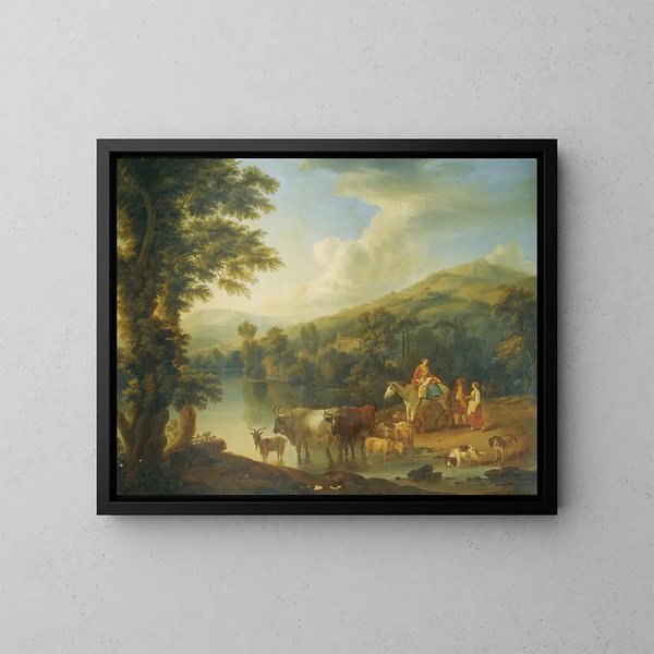 Een bebost rivierlandschap met een vrouw op een grijze paard en dieren die drinken - Jakob Philipp Hackert — ingelijst kunstwerk aan de muur