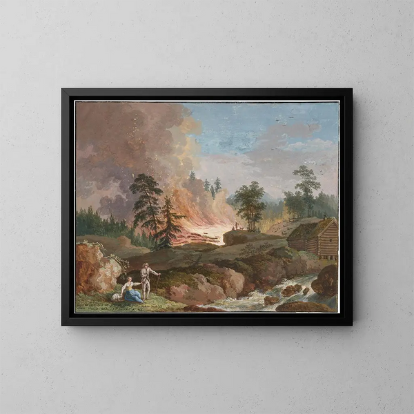 Een landschap in Zweden met boeren die hout verbranden en een stel dat rust nabij een beek - Jakob Philipp Hackert — ingelijst kunstwerk aan de muur