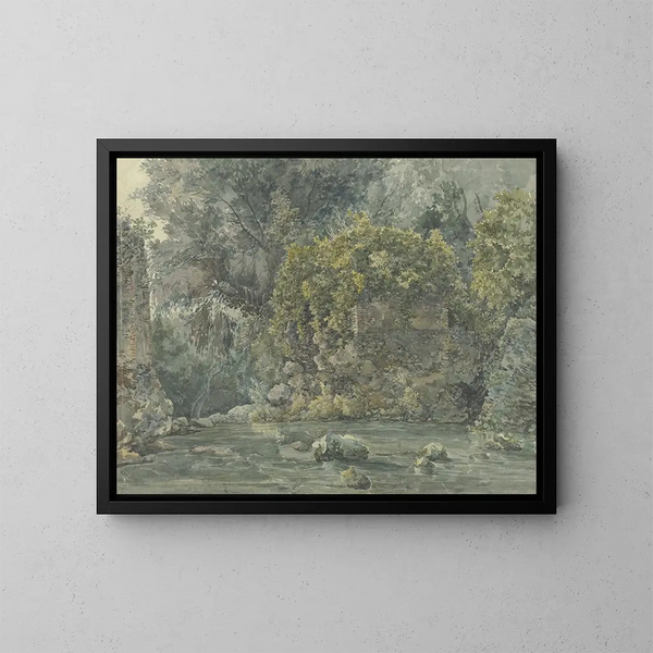 Landschap met ruïne aan de rand van een beek - Jakob Philipp Hackert — ingelijst kunstwerk aan de muur