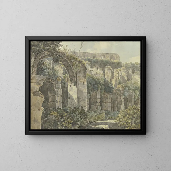 Romeinse ruïnes met een grote boog en hoge muren overwoekerd door planten - Jakob Philipp Hackert — ingelijst kunstwerk aan de muur