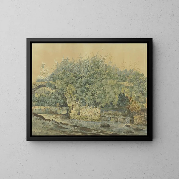 Pont en steen in verval op een beekje overwoekerd door struiken en planten - Jakob Philipp Hackert — ingelijst kunstwerk aan de muur