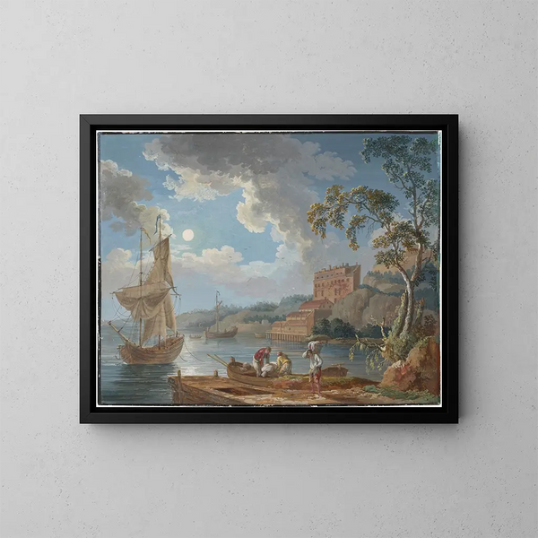 van het uitzicht op de pottenbakkerij van Marieberg nabij Stockholm met boten en vissers - Jakob Philipp Hackert — ingelijst kunstwerk aan de muur