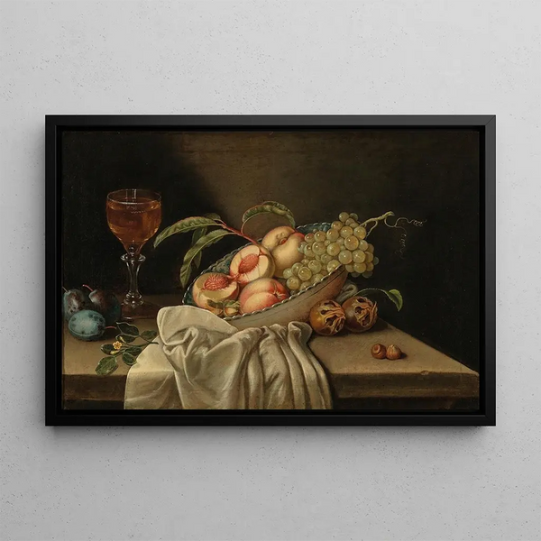 Jakob Samuel Beck - Mixed fruit in a bowl a glass of wine and a cloth on a table.webp