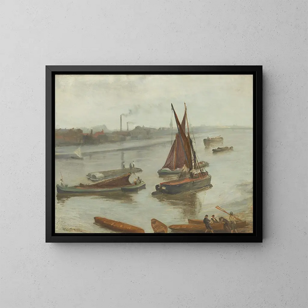 Gris en zilver, het oude Battersea Reach - James Abbott McNeill Whistler — ingelijst kunstwerk aan de muur