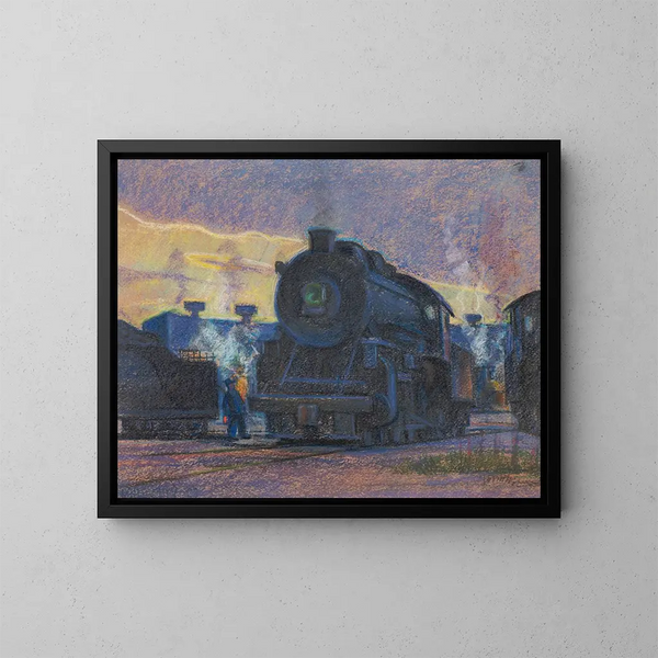 van het schemerlicht van de stoom bij het Lindale-depot - James C. Kulhanek — ingelijst kunstwerk aan de muur
