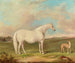 Een merrie in grijs, een lurcher en een dode haas in een landschap - James Freeman — weergave van het kunstwerk