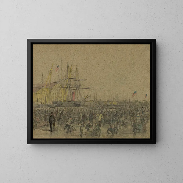 scène op de rivier de Delaware in Philadelphia tijdens de strenge winter van 1856 - James Fuller Queen — ingelijst kunstwerk aan de muur