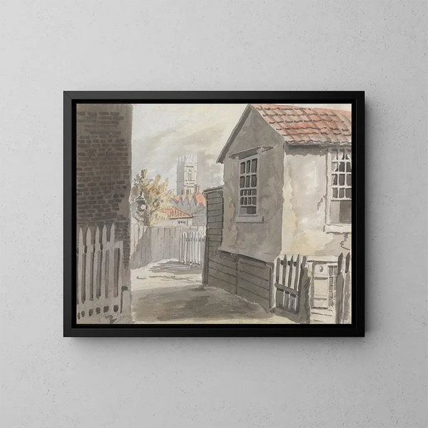 Ver uitzicht op een kerk op afstand - James Miller — ingelijst kunstwerk aan de muur